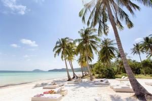 a beach with palm trees and chaise lounges at MeySunset Hotel Phu Quoc in Phú Quốc
