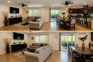 two pictures of a living room and dining room at Windridge Manor - Wine Country Retreat with 6 Beds, Garden, Pool, Games & BBQ in Winchester
