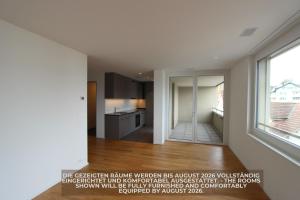 eine Küche und ein Wohnzimmer in einem Haus in der Unterkunft Valo Central - Wohnung mit Arbeitsplatz am Zürichsee in Pfäffikon