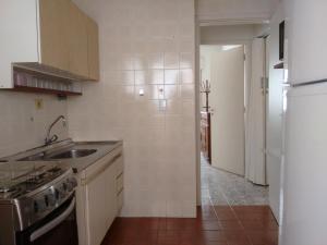 a small kitchen with a sink and a stove at Apartamento Pitangueiras Guarujá in Guarujá