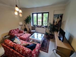 a living room with two couches and a tv at Hidden Gem Villa & Gated Parking in Český Krumlov