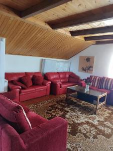 a living room with red couches and a coffee table at SunKiss in Melnragė +2 photos