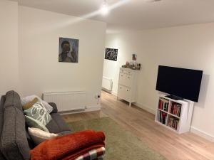 a living room with a couch and a flat screen tv at La Vio Homestay Private Room & Bathroom, Newcastle Dublin in Newcastle