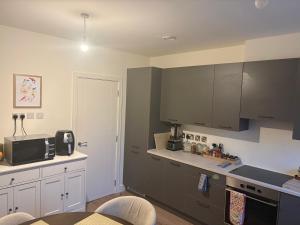 a kitchen with gray cabinets and a counter top at La Vio Homestay Private Room & Bathroom, Newcastle Dublin in Newcastle