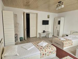 a hotel room with two beds and a television at Pensiunea Geostar 2 in Curtea de Argeş