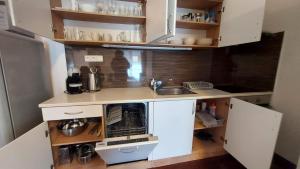 a small kitchen with a sink and a microwave at Apartment Moser 1303 in Karlovy Vary