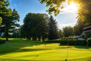 a golf course with red flags on the green at Alpine Studio near Bad Ischl in Bad Ischl