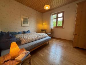 a bedroom with a bed and a table and a window at Haus am Rotkreuzweg mit Pool in Feldberg