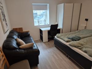 a bedroom with a couch and a bed and a desk at Cosy apartment in Norðskála in Norðskáli +5 photos