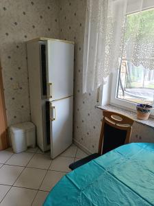 a kitchen with a white refrigerator and a window at Ferienwohnung mit Terrasse Ettringen in Ettringen