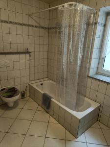 a bathroom with a tub and a toilet at Ferienwohnung mit Terrasse Ettringen in Ettringen +4 photos