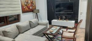 a living room with a couch and a table and a tv at Honey House Martinovic in Cetinje