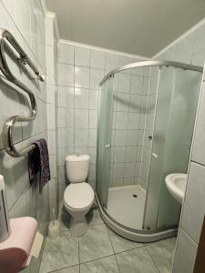 a bathroom with a toilet and a glass shower at готель Славутчанка in Slavuta