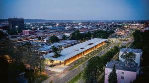 an overhead view of a city with a building at Apartment Aby - Free Parking & Self Check-in in Slavonski Brod