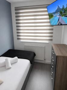 a bedroom with a bed and a window with a television at Large 4-Bedrooms Corporate Flat, Free Parking - Amazing Location in Leavesden Green