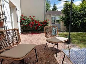 two chairs and a table and an umbrella on a patio at Les Castelblotines in Châteaubleau