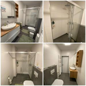 a bathroom with a shower and a toilet and a sink at Ferienwohnung Janni in Bad Zwischenahn +20 photos