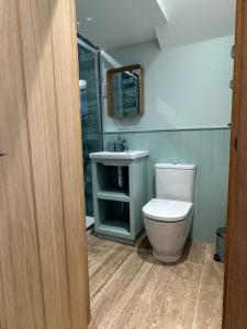 a bathroom with a toilet and a sink at The Sheep Barn in Weathercote