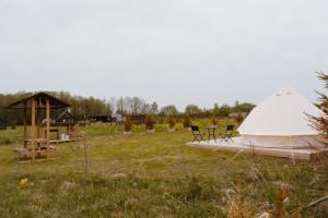 a white tent in a field with a table and chairs at Mardi talu Glamping in Paekna