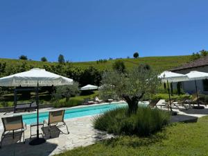 a pool with chairs and umbrellas next to a house at Sogno La Vigna - Adults Only in Montegrosso dʼAsti
