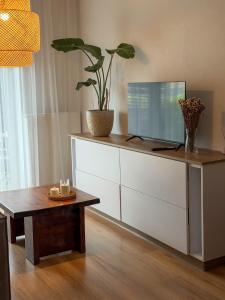 a living room with a tv on a white dresser at Apartament Przytulny 2, self check-in, blisko lotniska in Trzebownisko