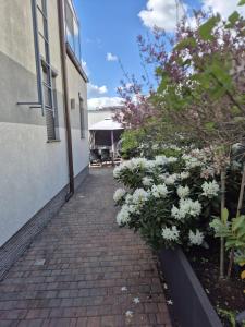 a brick walkway next to a building with flowers at Villa Aqua Wągrowiec Pool House in Wągrowiec