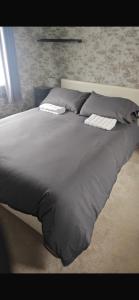 a large gray bed with two pillows on it at Tingdene caravan park in Gunton