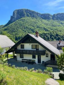 a house with a picnic table and mountains in the background at Holiday Chalet near Bled in Obrne