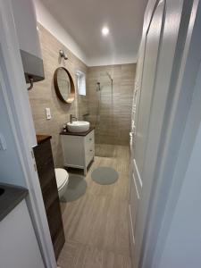 a bathroom with a sink and a toilet and a mirror at Vendégház Alsóörs in Alsóörs +4 photos