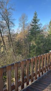 a wooden bridge with trees in the background at Waldbaden in Fürthen +20 photos