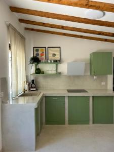 a kitchen with green cabinets and a sink at Stone house Vert in Sveti Jakov