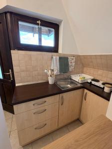 a small kitchen with a sink and a window at Szőlők közt Apartman in Dunaszentmiklós