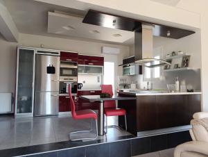 a kitchen with a table and red chairs in it at Raphael Guesthouse in Tríkala