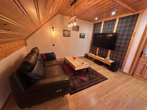 a living room with a leather couch and a tv at Apartament Łostówka in Łostówka