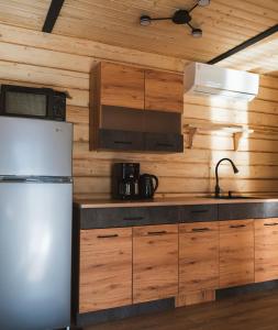 a kitchen with a refrigerator and a microwave at Tri houses in Podobovets +20 photos