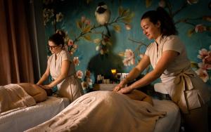 two women preparing a bed in a room at Logis Relais de la Source in Saint-Seine-lʼAbbaye