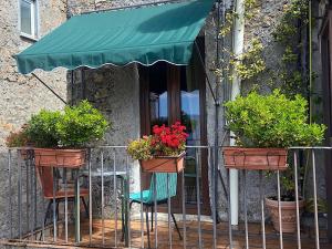 a balcony with pots of plants and a green awning at Il Viaggiatore in Anagni