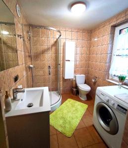a bathroom with a sink and a washing machine at Leśny Poranek in Iwkowa +60 photos