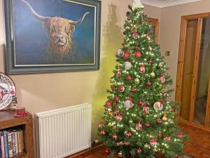 a christmas tree in a living room with a bull at Lochside View in Lochearnhead