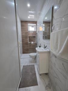a bathroom with a toilet and a sink and a shower at The Cosy House in Kyustendil +4 photos