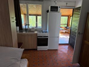a small kitchen with a refrigerator and a microwave at Duna Liget in Dunaföldvár