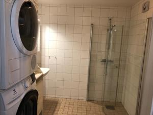 a bathroom with a shower and a washing machine at Mysiga Villan in Borgholm +51 photos