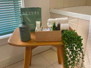 a wooden table with a bottle of soap and a box of toiletries at Sunbury on the Park in Sunbury +15 photos
