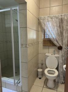 a bathroom with a toilet and a glass shower at Anja Guesthouse in Modimolle +5 photos