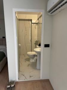 a bathroom with a toilet and a sink at Tirana Panoramic view in Sauk