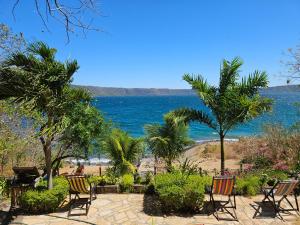 a group of chairs and palm trees on the beach at San Simian Lodge in La Laguna