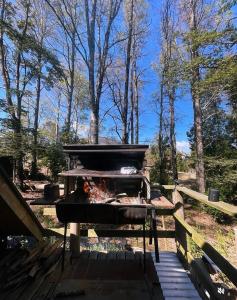 a grill with a fire inside of it in a park at Cabañas bosque sur in Curarrehue