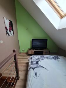 a bedroom with a bed and a flat screen tv at Chambre des baumes in Chablis