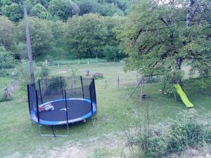a playground with a blue trampoline in a field at Gîte de Bontemps in Saint-Vincent-de-Cosse