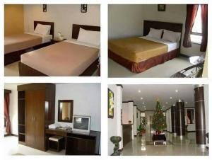 three pictures of a bedroom with two beds and a christmas tree at Pruksa Siri View in Sara Buri